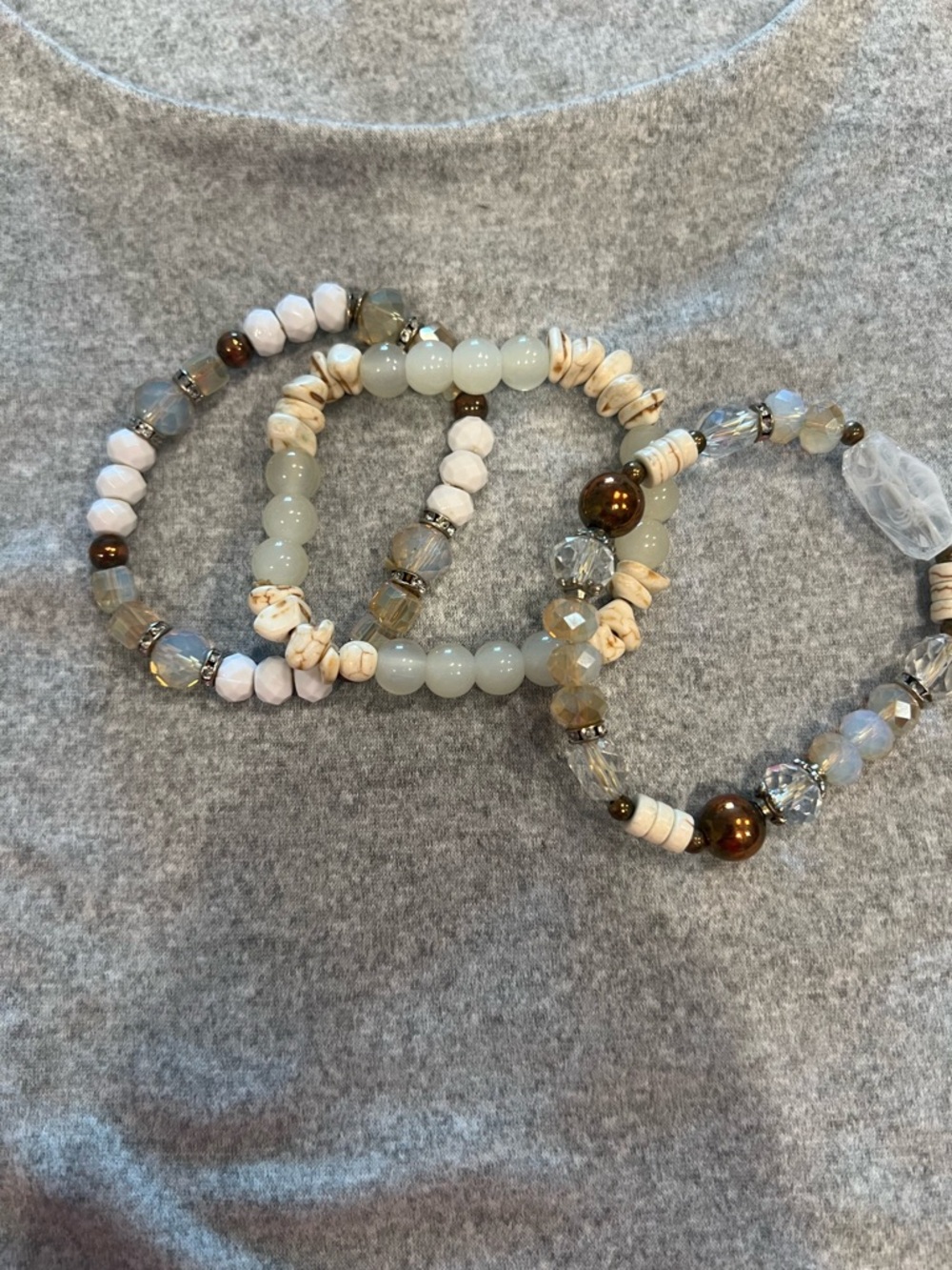 Neutral Toned Beaded Stretch Bracelet Set - Cream, Gray & Brown